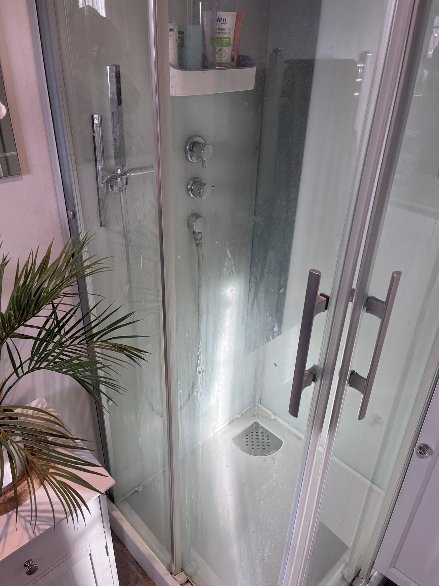 A shower with visible water marks